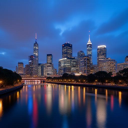 Melbourne cityscape photograph taken during twilight, with city lights reflecting on the Yarra River.